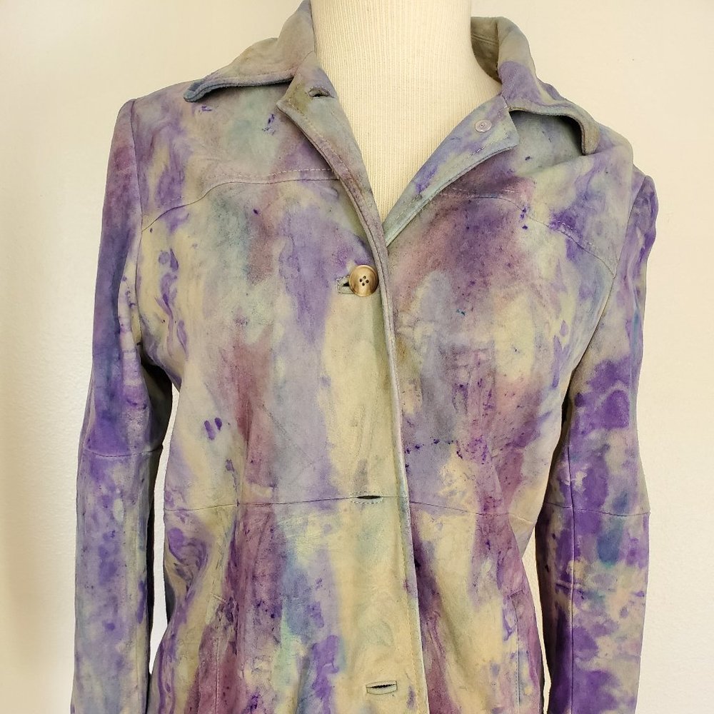 Suede Leather shirt Jacket Blazer Ivory bue gray purple Med 8 10 tie dye